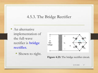4.5.3. The Bridge Rectifier
• An alternative
implementation of
the full-wave
rectifier is bridge
rectifier.
• Shown to right.
12/10/2022 17
Figure 4.23: The bridge rectifier circuit.
 
