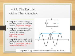4.5.4. The Rectifier
with a Filter Capacitor
• step #1: source voltage is
positive, diode is forward
biased, capacitor charges.
• step #2: source voltage is
reverse, diode is reverse-
biased (blocking),
capacitor cannot
discharge.
• step #3: source voltage is
positive, diode is forward
biased, capacitor charges
(maintains voltage).
12/10/2022 22
Figure 4.24 (a) A simple circuit used to illustrate the effect…
 