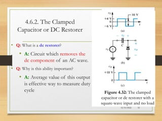 4.6.2. The Clamped
Capacitor or DC Restorer
• Q: What is a dc restorer?
• A: Circuit which removes the
dc component of an AC wave.
• Q: Why is this ability important?
• A: Average value of this output
is effective way to measure duty
cycle
12/10/2022 32
Figure 4.32: The clamped
capacitor or dc restorer with a
square-wave input and no load
 