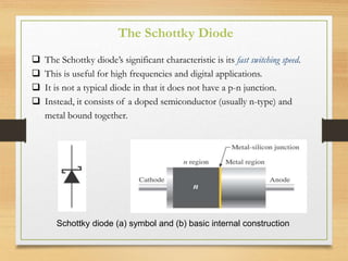  The Schottky diode’s significant characteristic is its fast switching speed.
 This is useful for high frequencies and digital applications.
 It is not a typical diode in that it does not have a p-n junction.
 Instead, it consists of a doped semiconductor (usually n-type) and
metal bound together.
Schottky diode (a) symbol and (b) basic internal construction
The Schottky Diode
 