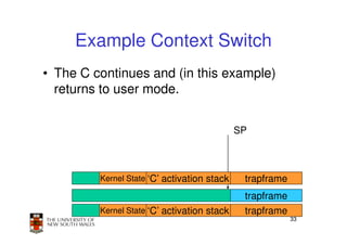 Example Context Switch
• The C continues and (in this example)
  returns to user mode.


                                             SP



         Kernel State ‘C’ activation stack    trapframe
                                              trapframe
         Kernel State ‘C’ activation stack    trapframe
                                                          33
 