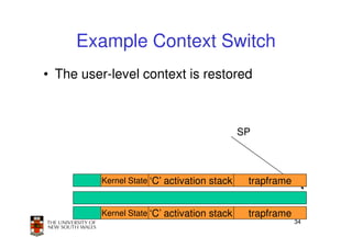 Example Context Switch
• The user-level context is restored



                                              SP



          Kernel State ‘C’ activation stack    trapframe


          Kernel State ‘C’ activation stack    trapframe
                                                           34
 