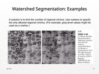 09/13/25 117
Watershed Segmentation: Examples
Watershed Segmentation: Examples
A solution is to limit the number of regional minima. Use markers to specify
the only allowed regional minima. (For example, gray-level values might be
used as a marker.)
 
