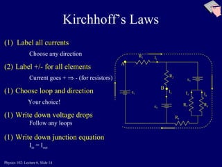 Kirchhoff’s Laws (1) Label all currents   Choose any direction (2) Label +/- for all elements Current goes +    - (for resistors) Choose loop and direction Your choice! Write down voltage drops Follow any loops Write down junction equation I in  = I out   R 4 R 1 ε 1 R 2 R 3 ε 2 ε 3 I 1 I 3 I 2 I 4 R 5 A B 