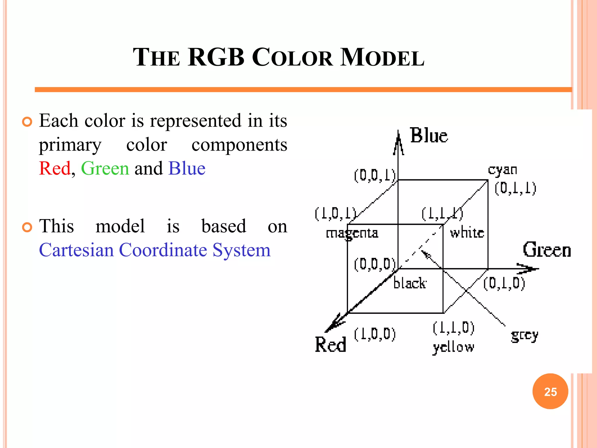 THE RGB COLOR MODEL
 Each color is represented in its
primary color components
Red, Green and Blue
 This model is based on
Cartesian Coordinate System
25
 
