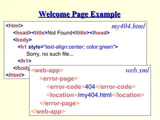 Welcome Page ExampleWelcome Page Example
<html>
<head><title>Not Found</title></head>
<body>
<h1 style="text-align:center; color:green">
Sorry, no such file...
</h1>
</body>
</html>
my404.html
<web-app>
<error-page>
<error-code>404</error-code>
<location>/my404.html</location>
</error-page>
</web-app>
web.xml
 