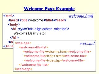 Welcome Page ExampleWelcome Page Example
<html>
<head><title>Welcome</title></head>
<body>
<h1 style="text-align:center; color:red">
Welcome Dear Visitor!
</h1>
</body>
</html>
welcome.html
<web-app>
<welcome-file-list>
<welcome-file>welcome.html</welcome-file>
<welcome-file>index.html</welcome-file>
<welcome-file>index.jsp</welcome-file>
</welcome-file-list>
</web-app>
web.xml
 
