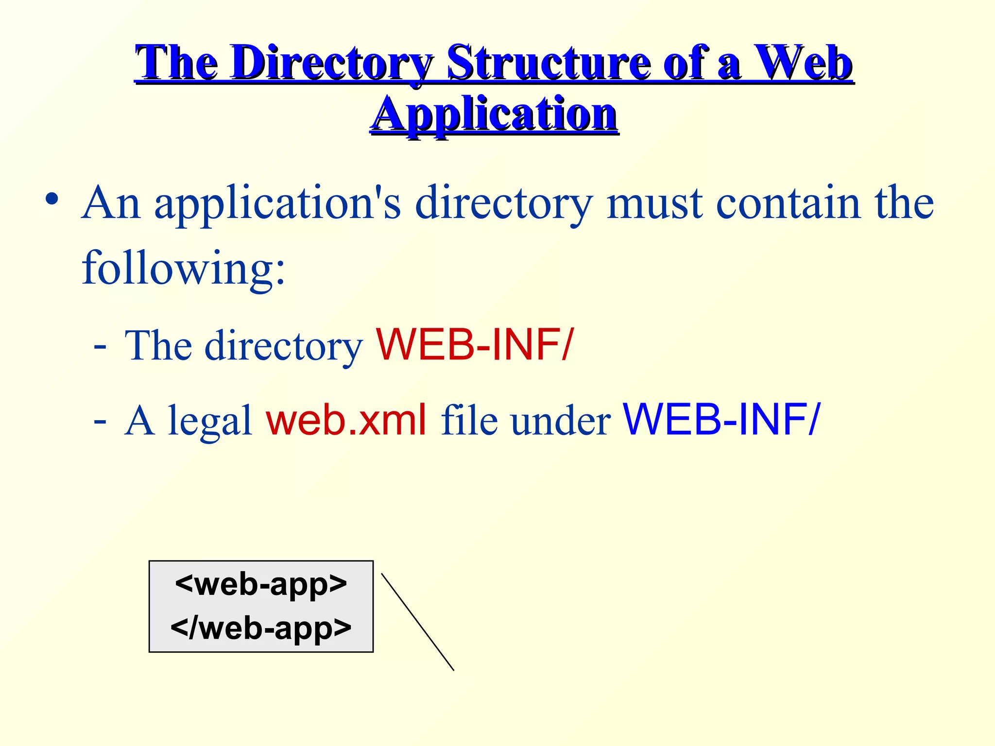 The Directory Structure of a WebThe Directory Structure of a Web
ApplicationApplication
• An application's directory must contain the
following:
- The directory WEB-INF/
- A legal web.xml file under WEB-INF/
<web-app>
</web-app>
 