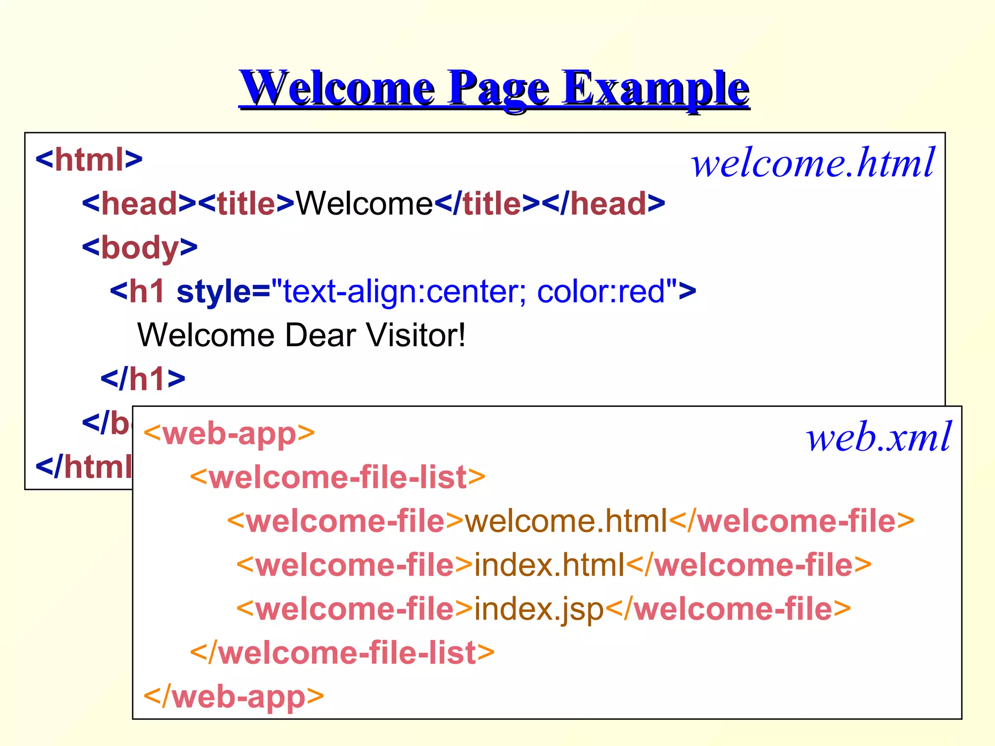 Welcome Page ExampleWelcome Page Example
<html>
<head><title>Welcome</title></head>
<body>
<h1 style="text-align:center; color:red">
Welcome Dear Visitor!
</h1>
</body>
</html>
welcome.html
<web-app>
<welcome-file-list>
<welcome-file>welcome.html</welcome-file>
<welcome-file>index.html</welcome-file>
<welcome-file>index.jsp</welcome-file>
</welcome-file-list>
</web-app>
web.xml
 