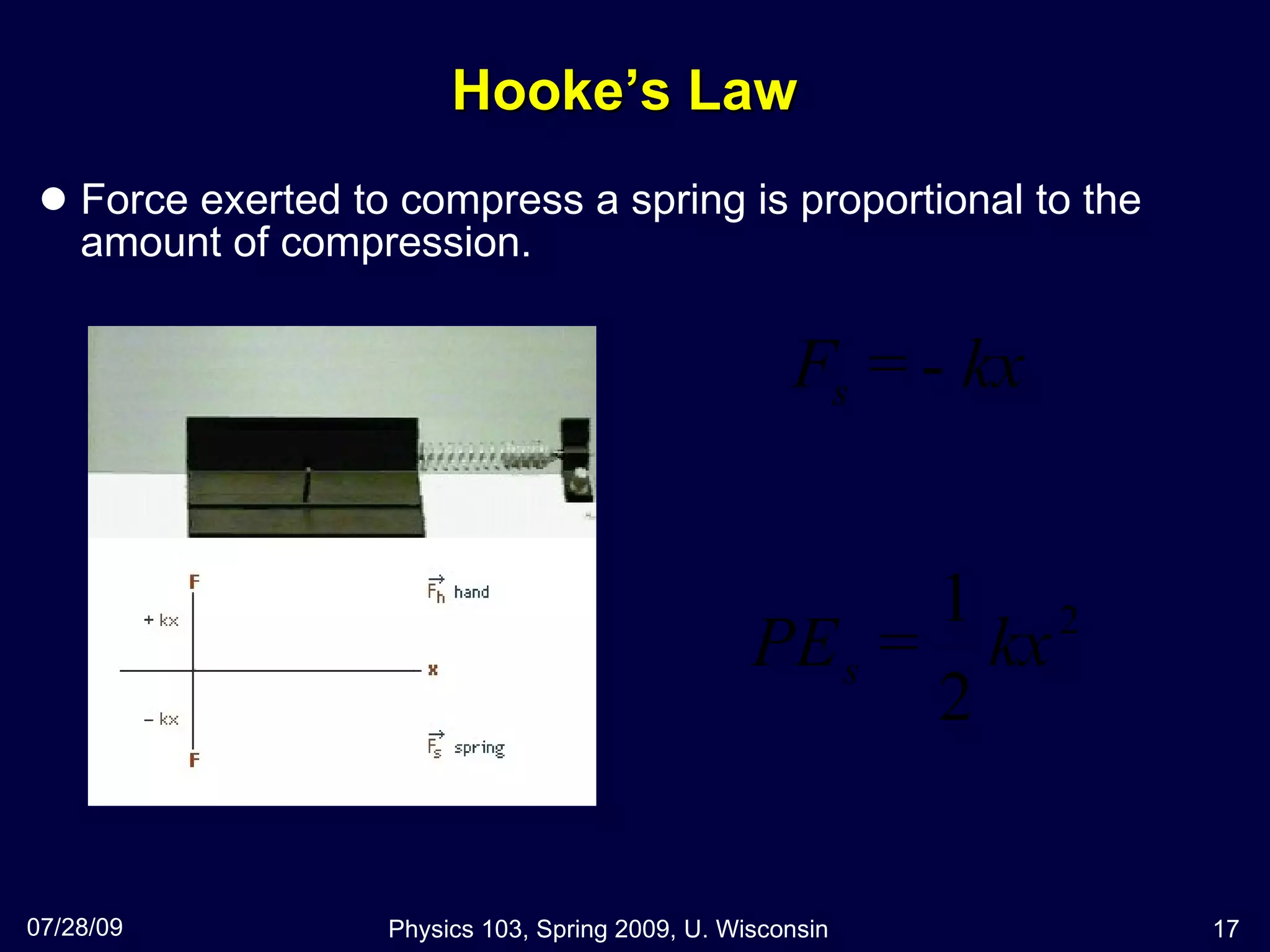 Hooke’s Law Force exerted to compress a spring is proportional to the amount of compression. 07/28/09 Physics 103, Spring 2009, U. Wisconsin 