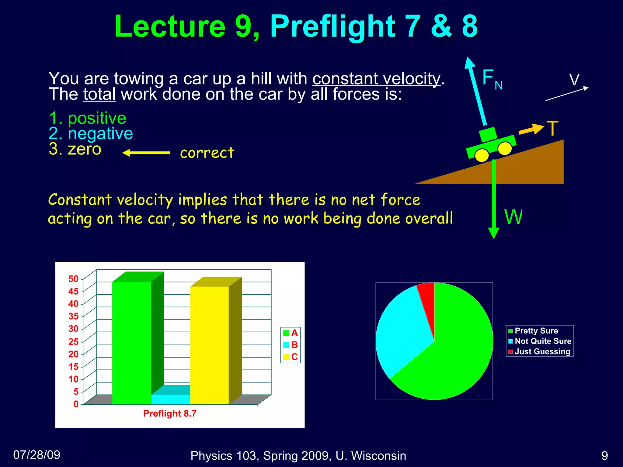 Lecture 9,  Preflight 7 & 8   You are towing a car up a hill with  constant velocity .  The  total  work done on the car by all forces is: 1. positive 2. negative 3. zero   07/28/09 Physics 103, Spring 2009, U. Wisconsin Constant velocity implies that there is no net force acting on the car, so there is no work being done overall W T F N V correct 