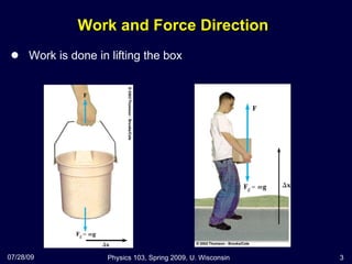 Work and Force Direction Work is done in lifting the box 07/28/09 Physics 103, Spring 2009, U. Wisconsin 