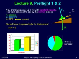 Lecture 9,  Preflight 1 & 2   You are towing a car up a hill with  constant velocity .  The work done on the car by the  normal  force is: 1. positive 2. negative 3. zero   07/28/09 Physics 103, Spring 2009, U. Wisconsin Normal force is perpendicular to displacement cos   = 0 W T F N V correct 