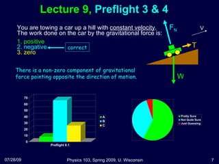 Lecture 9,  Preflight 3 & 4   You are towing a car up a hill with  constant velocity .  The work done on the car by the gravitational force is: 1. positive 2. negative 3. zero   07/28/09 Physics 103, Spring 2009, U. Wisconsin There is a non-zero component of gravitational force pointing opposite the direction of motion. W T F N V correct 