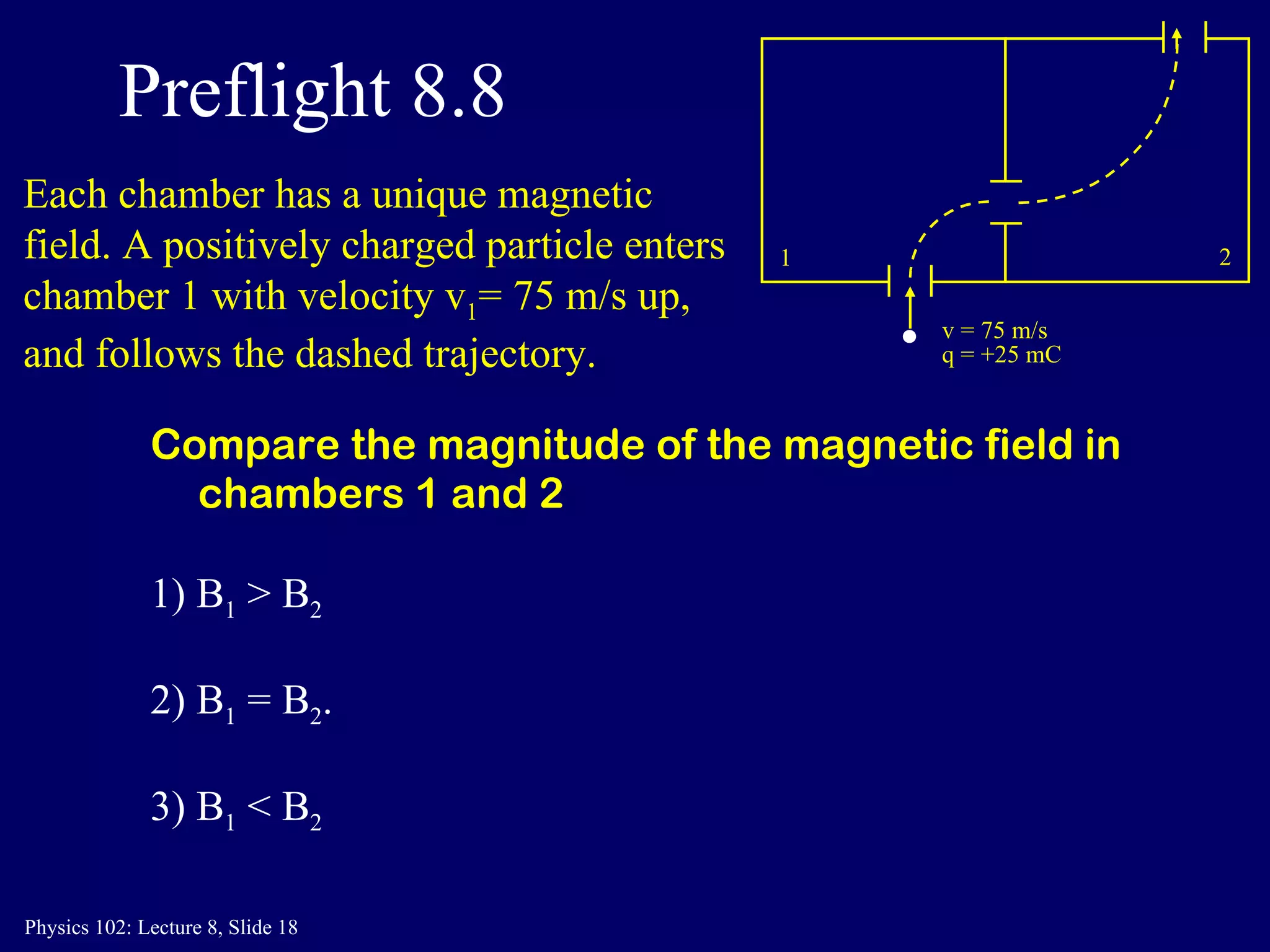 Preflight 8.8 Compare the magnitude of the magnetic field in chambers 1 and 2 1) B 1  > B 2 2) B 1  = B 2 . 3) B 1  < B 2 1 2 v = 75 m/s q = +25 mC Each chamber has a unique magnetic field. A positively charged particle enters chamber 1 with velocity v 1 = 75 m/s up, and follows the dashed trajectory. 