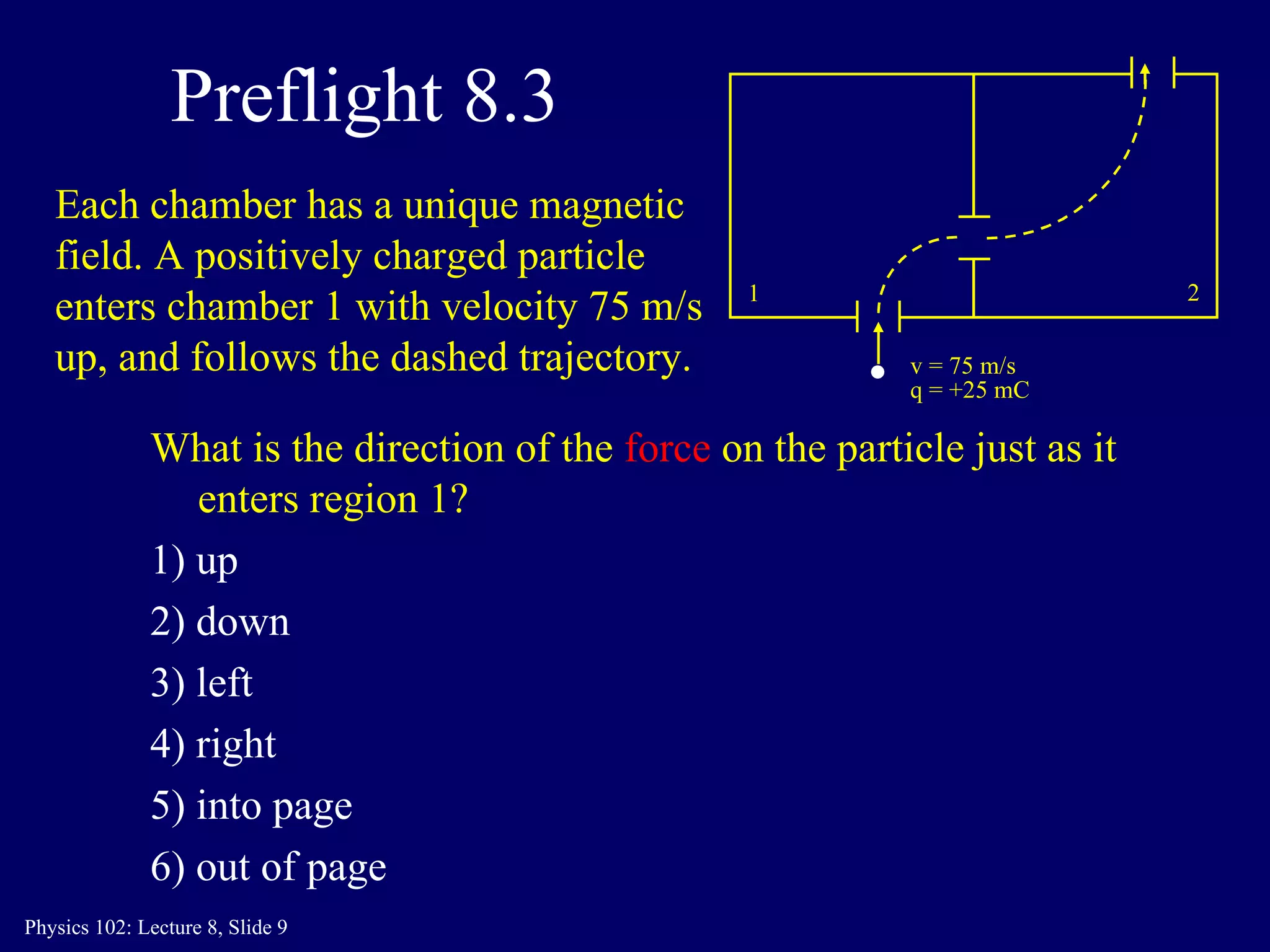 Preflight 8.3 What is the direction of the  force  on the particle just as it enters region 1? 1) up 2) down 3) left 4) right 5) into page 6) out of page 1 2 v = 75 m/s q = +25 mC Each chamber has a unique magnetic field. A positively charged particle enters chamber 1 with velocity 75 m/s up, and follows the dashed trajectory. 