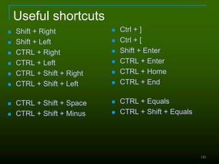 Useful shortcuts
 Shift + Right
 Shift + Left
 CTRL + Right
 CTRL + Left
 CTRL + Shift + Right
 CTRL + Shift + Left
 CTRL + Shift + Space
 CTRL + Shift + Minus
120
 Ctrl + ]
 Ctrl + [
 Shift + Enter
 CTRL + Enter
 CTRL + Home
 CTRL + End
 CTRL + Equals
 CTRL + Shift + Equals
 