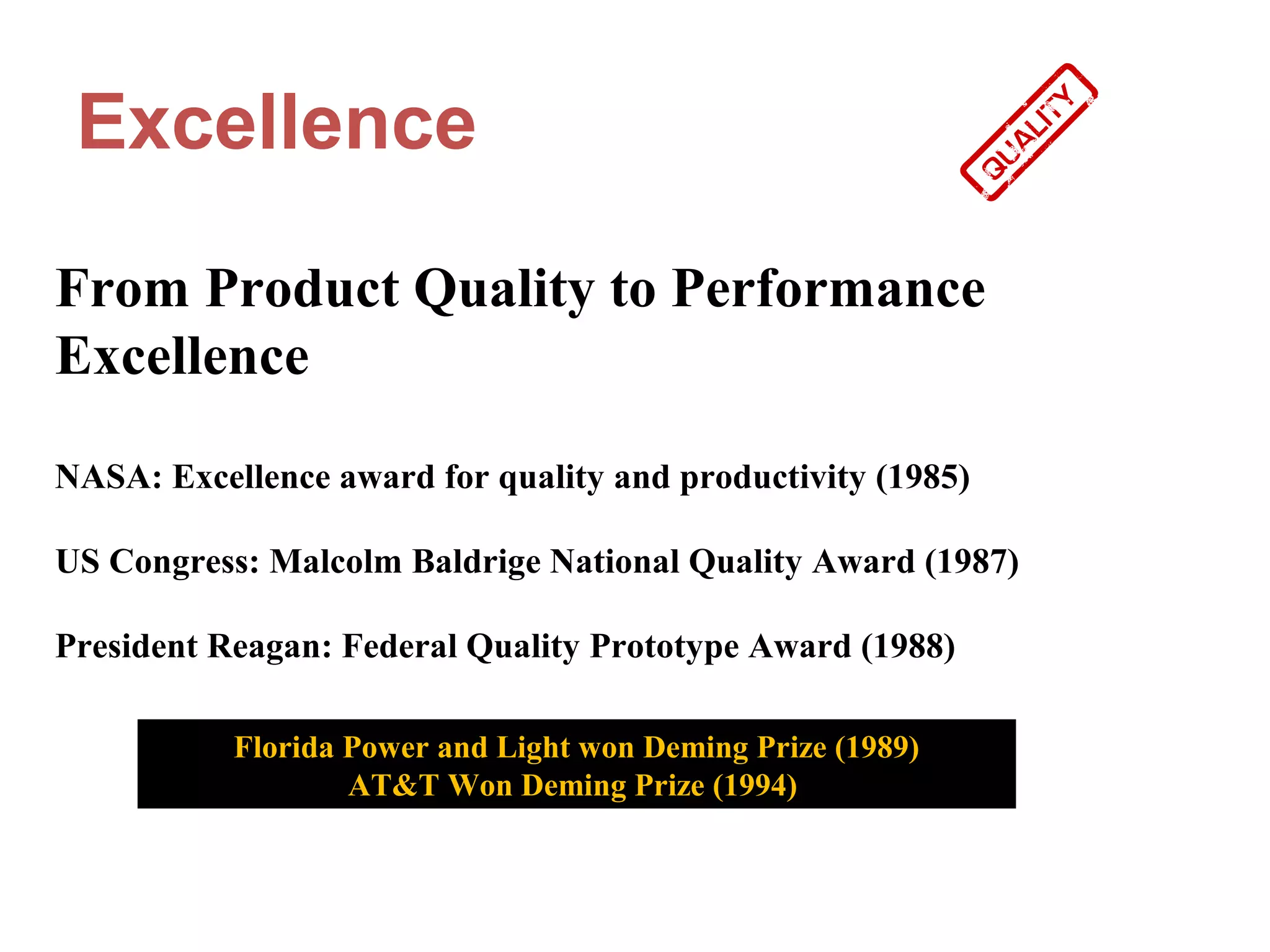 Excellence

From Product Quality to Performance
Excellence

NASA: Excellence award for quality and productivity (1985)

US Congress: Malcolm Baldrige National Quality Award (1987)

President Reagan: Federal Quality Prototype Award (1988)

           Florida Power and Light won Deming Prize (1989)
                   AT&T Won Deming Prize (1994)
 