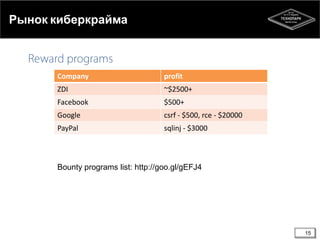 Рынок киберкрайма

Company

profit

ZDI

~$2500+

Facebook

$500+

Google

csrf - $500, rce - $20000

PayPal

sqlinj - $3000

Bounty programs list: http://goo.gl/gEFJ4

15

 