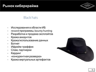 Рынок киберкрайма

Исследования в области ИБ
программы
Разработка и продажа эксплойтов
Кража аккаунтов
Кража использование данных
Ботнет
Ифрейм траффик
Спам партнерки
Кардинг
конкурентная разведка
Кража виртуальных артефактов

16

 