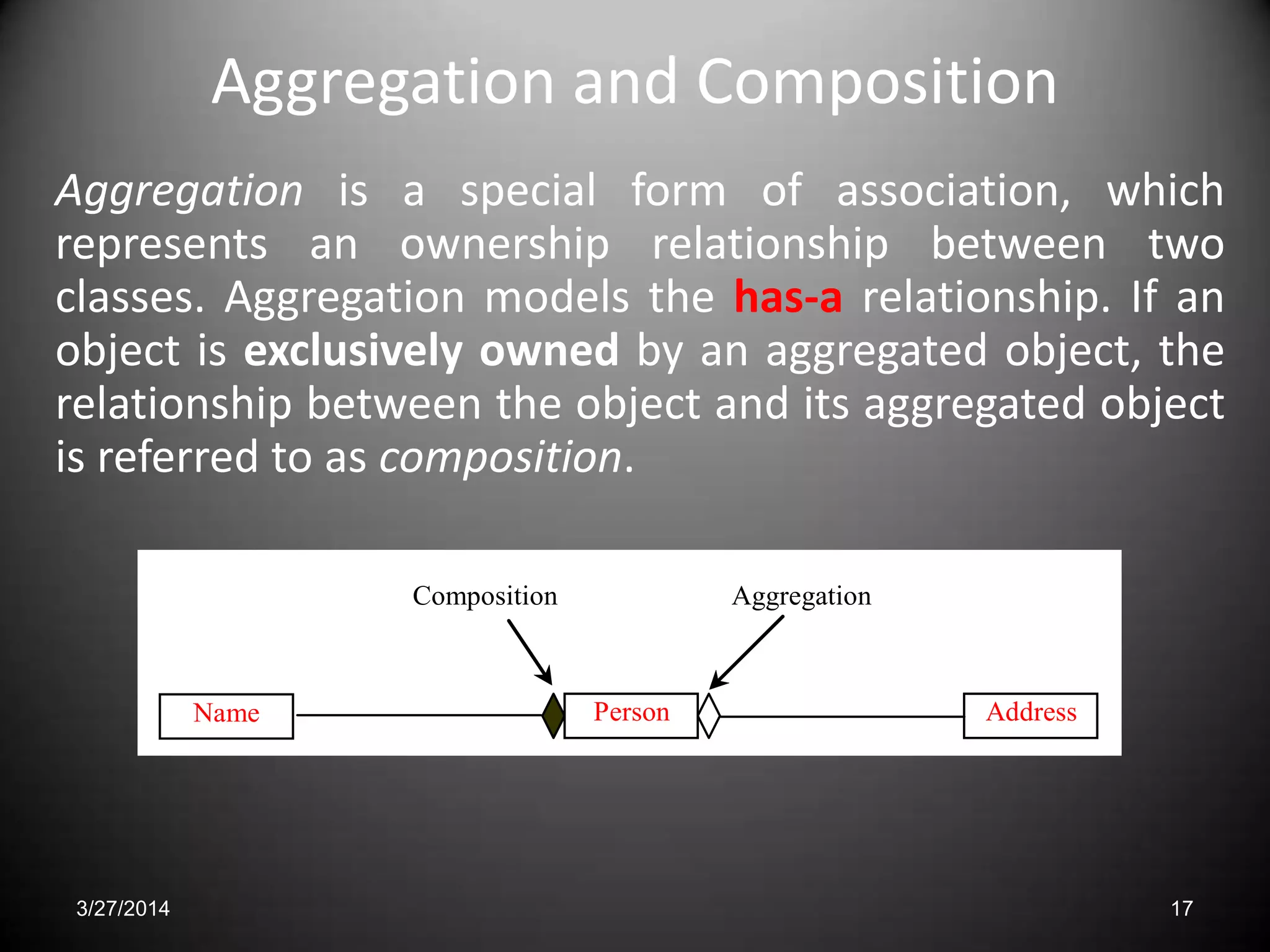 Aggregation and Composition
Aggregation is a special form of association, which
represents an ownership relationship between two
classes. Aggregation models the has-a relationship. If an
object is exclusively owned by an aggregated object, the
relationship between the object and its aggregated object
is referred to as composition.
17
Name AddressPerson
Composition Aggregation
3/27/2014
 