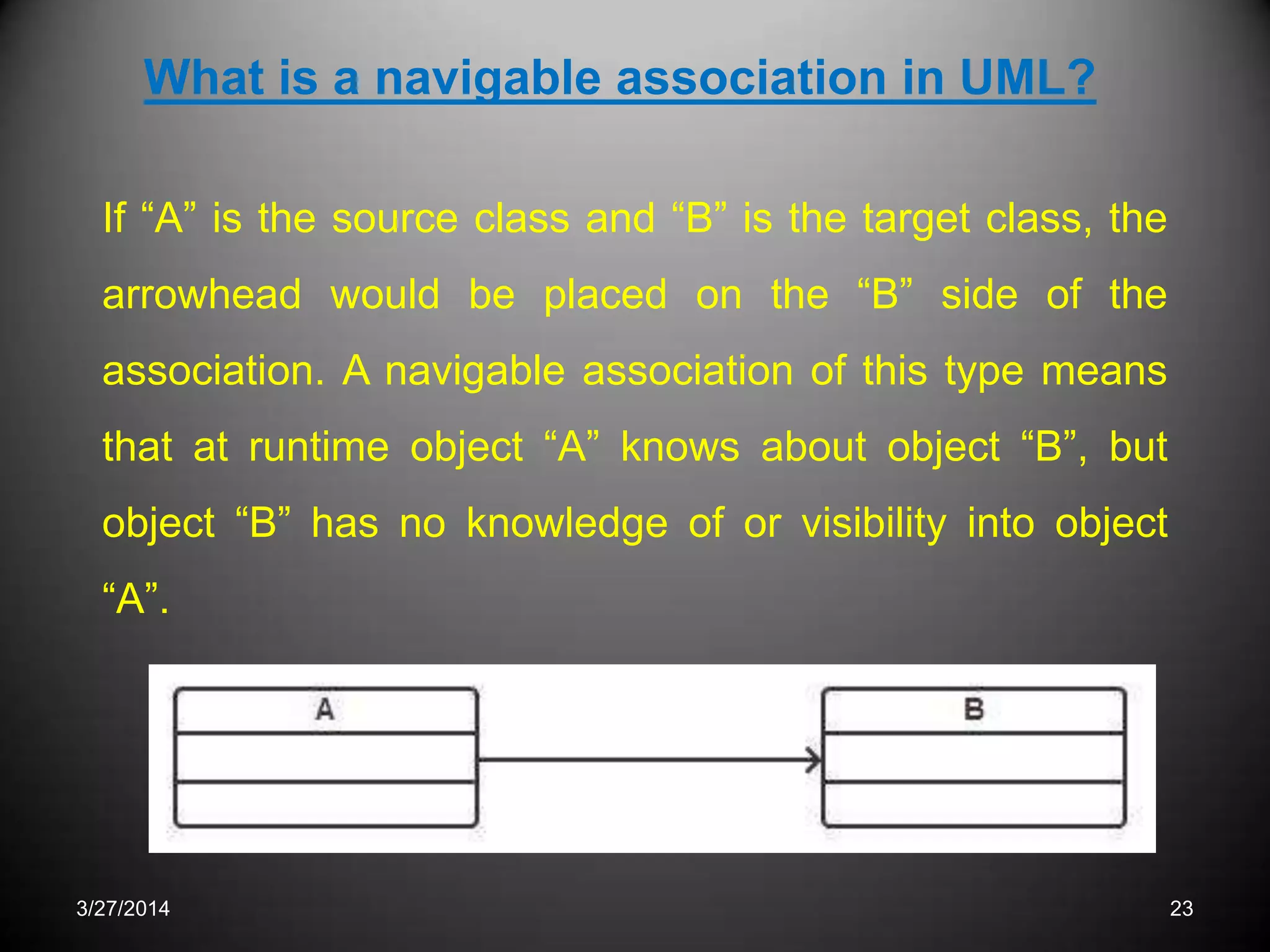 3/27/2014 23
What is a navigable association in UML?
If “A” is the source class and “B” is the target class, the
arrowhead would be placed on the “B” side of the
association. A navigable association of this type means
that at runtime object “A” knows about object “B”, but
object “B” has no knowledge of or visibility into object
“A”.
 