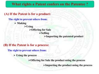 What rights a Patent confers on the Patentee ?
(A) If the Patent is for a product:
The right to prevent others from:
 Making
Using
Offering for Sale
Selling
Importing the patented product
(B) If the Patent is for a process:
The right to prevent others from:
 Using the process
Offering for Sale the product using the process
Importing the product using the process
 