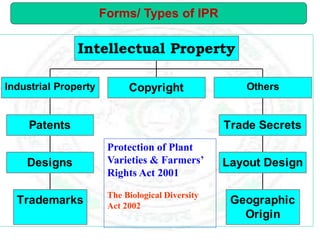 Forms/ Types of IPR
Trademarks
Designs
Patents
Industrial Property Copyright
Geographic
Origin
Layout Design
Trade Secrets
Others
Intellectual Property
Protection of Plant
Varieties & Farmers’
Rights Act 2001
The Biological Diversity
Act 2002
 