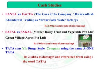 • FANTA vs FACTA (The Coca Cola Company / Dwarkadhish
Khandelwal Trading as Mewar Soda Water factory)
-Rs 5.0 lacs and costs of proceedings
• SAFAL vs SAKAL (Mother Dairy Fruit and Vegetable Pvt Ltd/
Green Village Agros Pvt Ltd)
Rs 5.0 lacs and costs of proceedings
• TATA sons V/s Durga Scale Company using the name A-ONE
TATA
Rs 2 lakhs as damages and restrained from using 
the word TATA)
Cash Studies
 