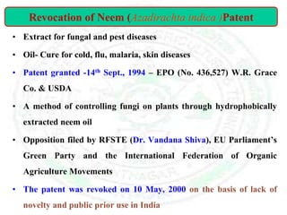 • Extract for fungal and pest diseases
• Oil- Cure for cold, flu, malaria, skin diseases
• Patent granted -14th Sept., 1994 – EPO (No. 436,527) W.R. Grace
Co. & USDA
• A method of controlling fungi on plants through hydrophobically
extracted neem oil
• Opposition filed by RFSTE (Dr. Vandana Shiva), EU Parliament’s
Green Party and the International Federation of Organic
Agriculture Movements
• The patent was revoked on 10 May, 2000 on the basis of lack of
novelty and public prior use in India
Revocation of Neem (Azadirachta indica )Patent
 