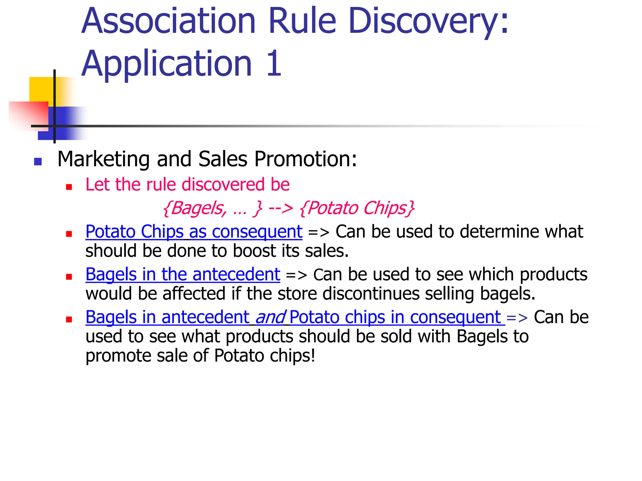Association Rule Discovery:
Application 1
 Marketing and Sales Promotion:
 Let the rule discovered be
{Bagels, … } --> {Potato Chips}
 Potato Chips as consequent => Can be used to determine what
should be done to boost its sales.
 Bagels in the antecedent => Can be used to see which products
would be affected if the store discontinues selling bagels.
 Bagels in antecedent and Potato chips in consequent => Can be
used to see what products should be sold with Bagels to
promote sale of Potato chips!
 