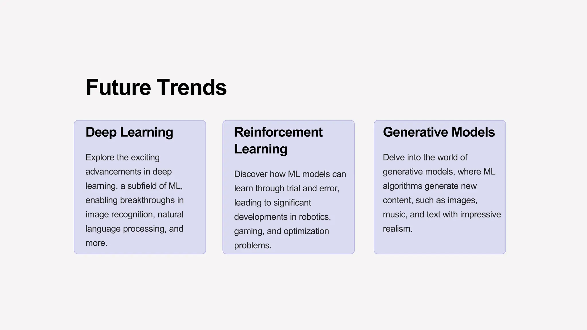 Future Trends
Deep Learning
Explore the exciting
advancements in deep
learning, a subfield of ML,
enabling breakthroughs in
image recognition, natural
language processing, and
more.
Reinforcement
Learning
Discover how ML models can
learn through trial and error,
leading to significant
developments in robotics,
gaming, and optimization
problems.
Generative Models
Delve into the world of
generative models, where ML
algorithms generate new
content, such as images,
music, and text with impressive
realism.
 