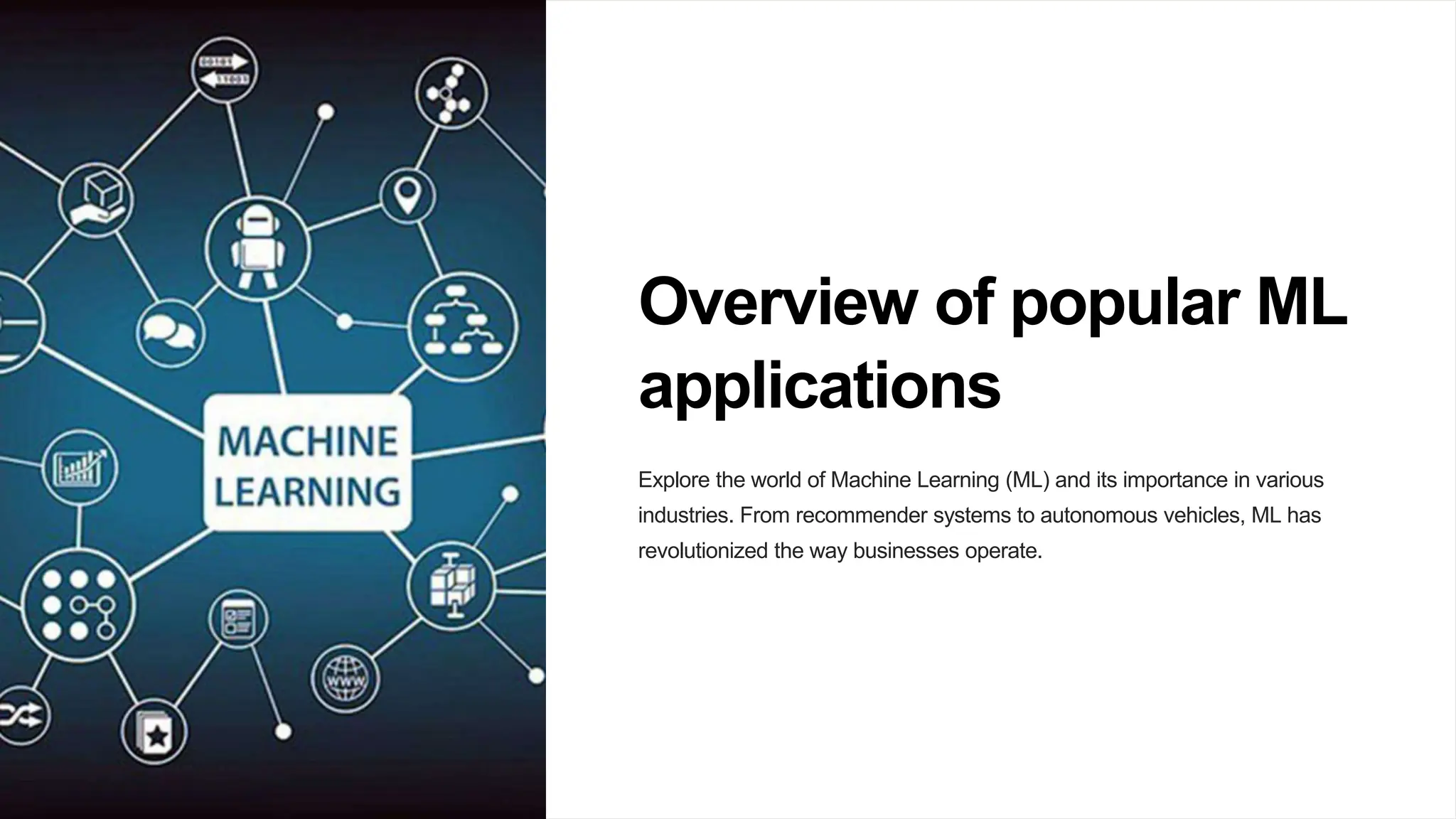 Overview of popular ML
applications
Explore the world of Machine Learning (ML) and its importance in various
industries. From recommender systems to autonomous vehicles, ML has
revolutionized the way businesses operate.
 
