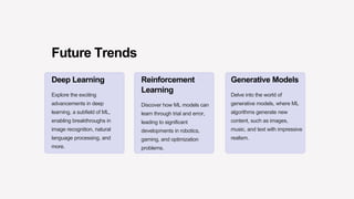 Future Trends
Deep Learning
Explore the exciting
advancements in deep
learning, a subfield of ML,
enabling breakthroughs in
image recognition, natural
language processing, and
more.
Reinforcement
Learning
Discover how ML models can
learn through trial and error,
leading to significant
developments in robotics,
gaming, and optimization
problems.
Generative Models
Delve into the world of
generative models, where ML
algorithms generate new
content, such as images,
music, and text with impressive
realism.
 