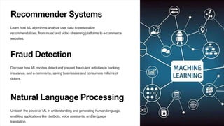 Recommender Systems
Learn how ML algorithms analyze user data to personalize
recommendations, from music and video streaming platforms to e-commerce
websites.
Fraud Detection
Discover how ML models detect and prevent fraudulent activities in banking,
insurance, and e-commerce, saving businesses and consumers millions of
dollars.
Natural Language Processing
Unleash the power of ML in understanding and generating human language,
enabling applications like chatbots, voice assistants, and language
translation.
 