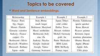 Topics to be covered
 Word and Sentence embeddings:
 