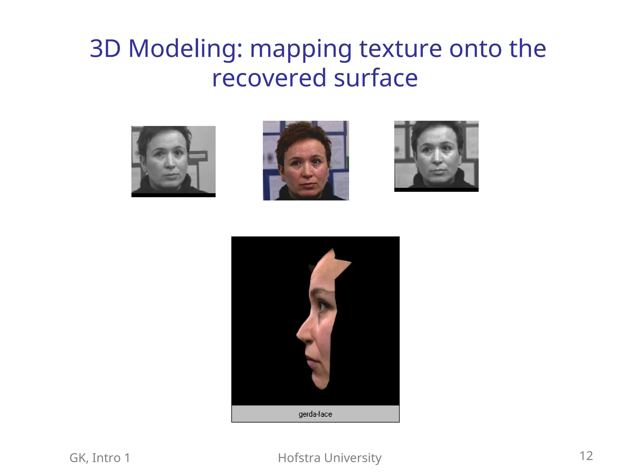 GK, Intro 1 Hofstra University 12
3D Modeling: mapping texture onto the
recovered surface
 