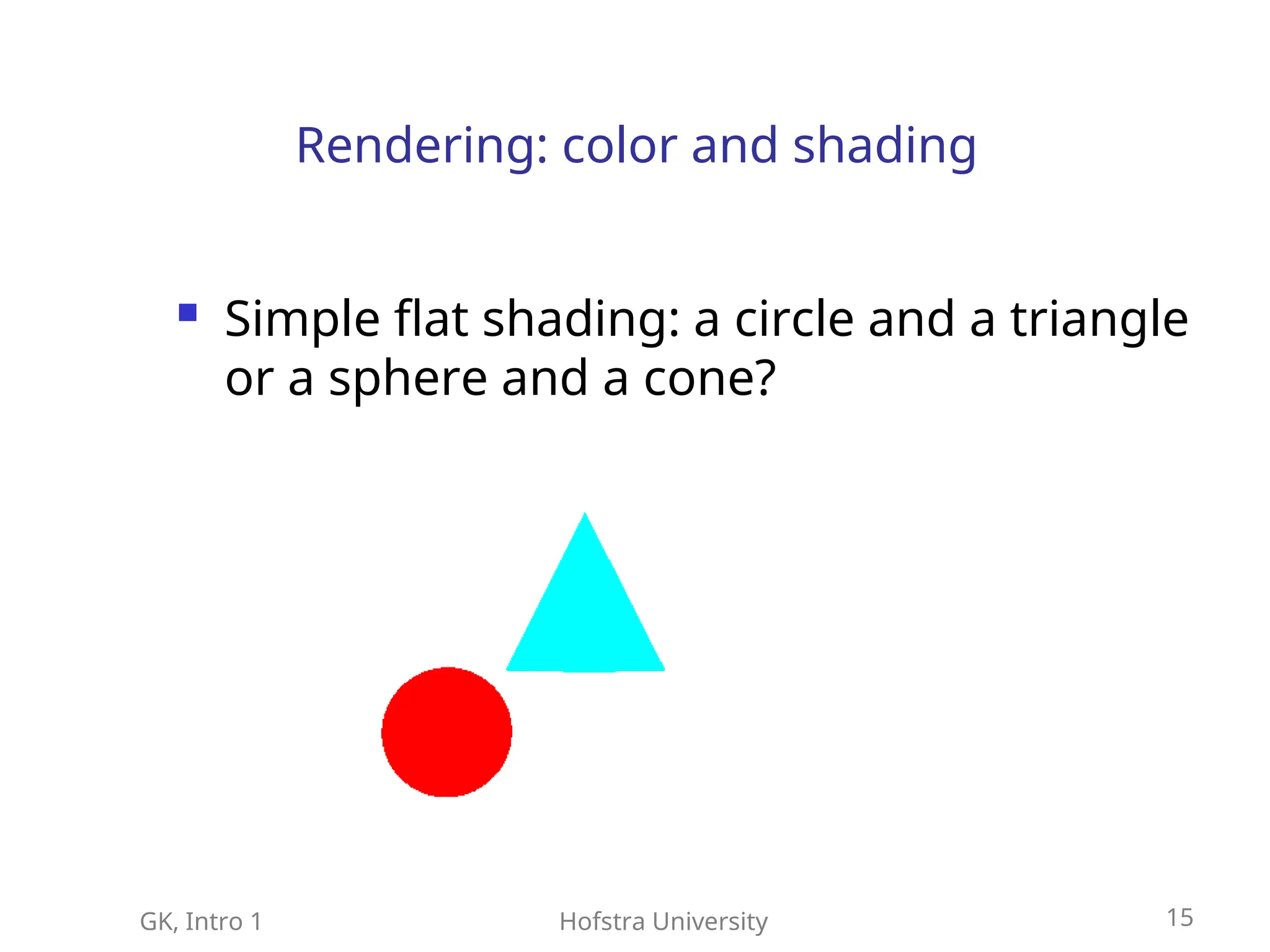 GK, Intro 1 Hofstra University 15
Rendering: color and shading
 Simple flat shading: a circle and a triangle
or a sphere and a cone?
 