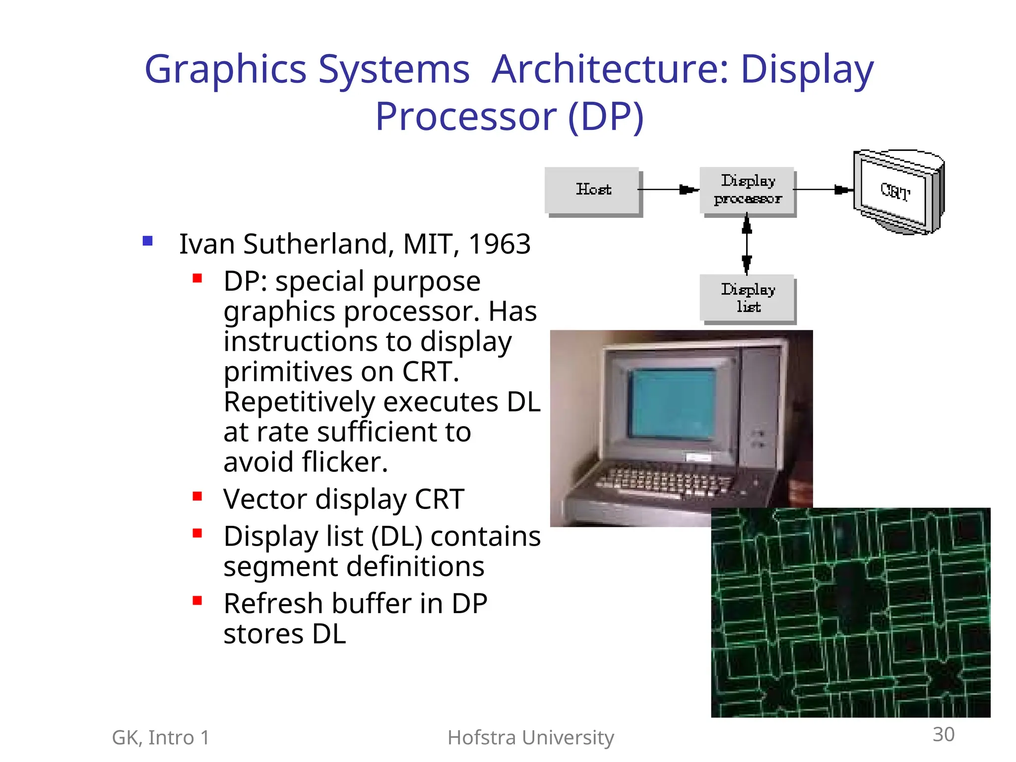 GK, Intro 1 Hofstra University 30
Graphics Systems Architecture: Display
Processor (DP)
 Ivan Sutherland, MIT, 1963
 DP: special purpose
graphics processor. Has
instructions to display
primitives on CRT.
Repetitively executes DL
at rate sufficient to
avoid flicker.
 Vector display CRT
 Display list (DL) contains
segment definitions
 Refresh buffer in DP
stores DL
 