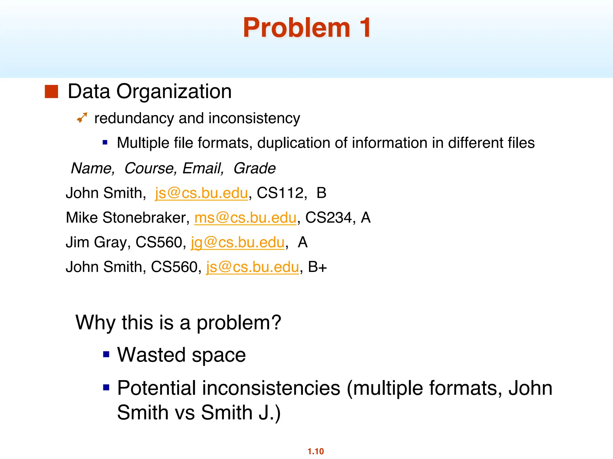 1.10
Problem 1
■ Data Organization
➹ redundancy and inconsistency
§ Multiple file formats, duplication of information in different files
Name, Course, Email, Grade
John Smith, js@cs.bu.edu, CS112, B
Mike Stonebraker, ms@cs.bu.edu, CS234, A
Jim Gray, CS560, jg@cs.bu.edu, A
John Smith, CS560, js@cs.bu.edu, B+
Why this is a problem?
§ Wasted space
§ Potential inconsistencies (multiple formats, John
Smith vs Smith J.)
 