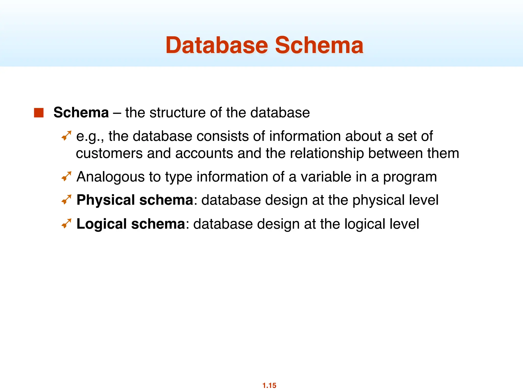 1.15
Database Schema
■ Schema – the structure of the database
➹ e.g., the database consists of information about a set of
customers and accounts and the relationship between them
➹ Analogous to type information of a variable in a program
➹ Physical schema: database design at the physical level
➹ Logical schema: database design at the logical level
 