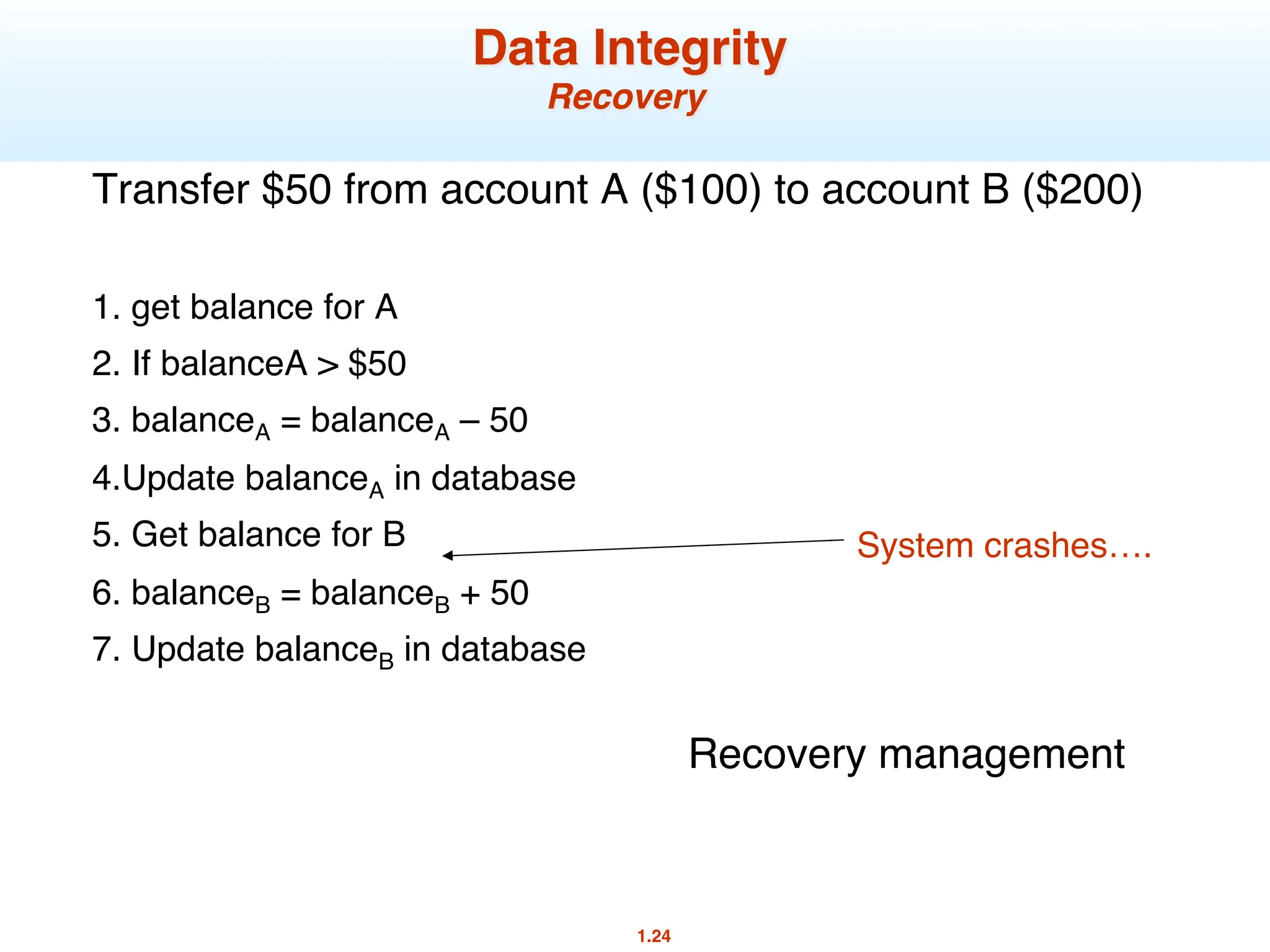 1.24
Data Integrity
Recovery
Transfer $50 from account A ($100) to account B ($200)
1. get balance for A
2. If balanceA > $50
3. balanceA = balanceA – 50
4.Update balanceA in database
5. Get balance for B
6. balanceB = balanceB + 50
7. Update balanceB in database
System crashes….
Recovery management
 