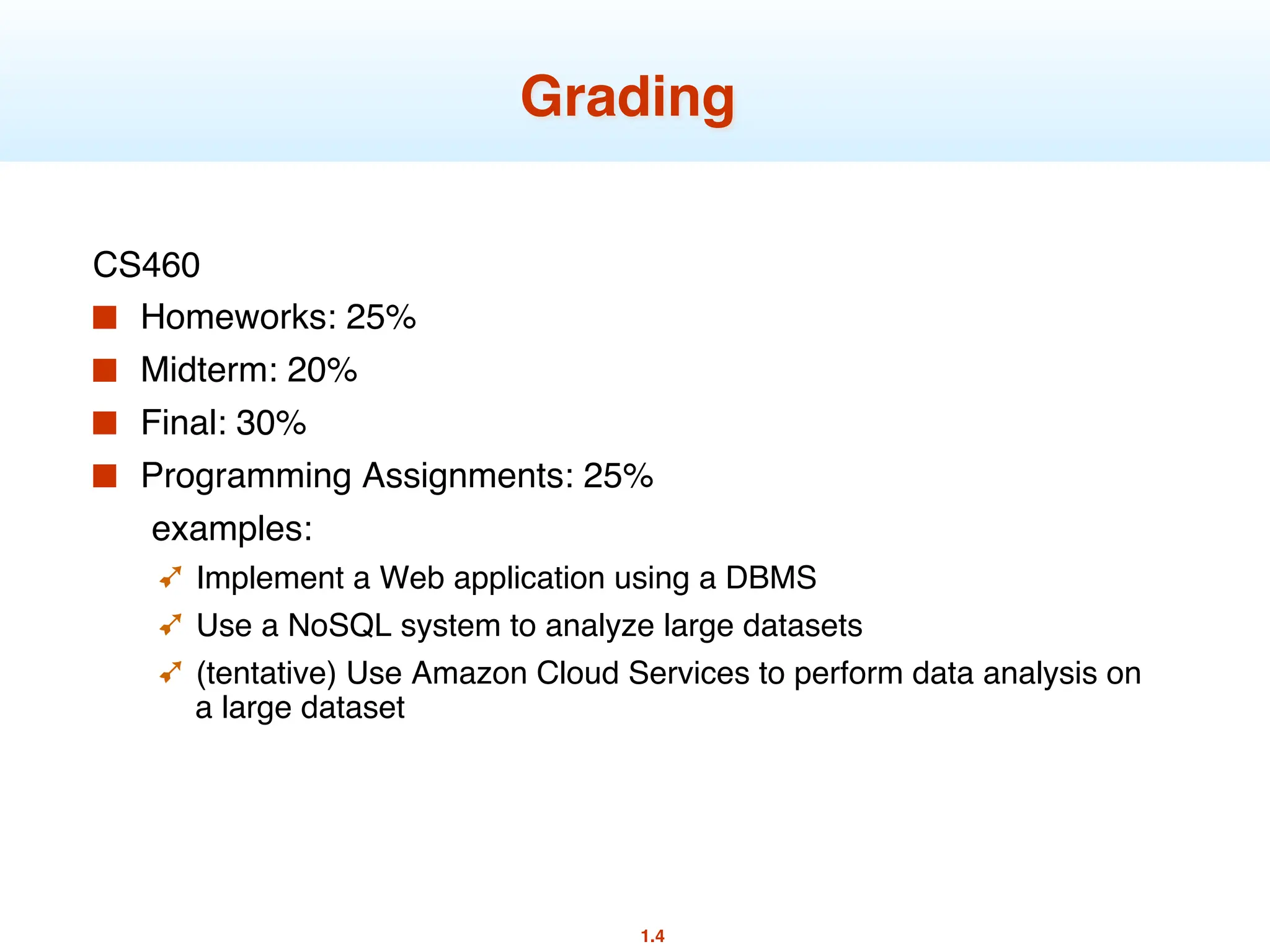 1.4
Grading
CS460
■ Homeworks: 25%
■ Midterm: 20%
■ Final: 30%
■ Programming Assignments: 25%
examples:
➹ Implement a Web application using a DBMS
➹ Use a NoSQL system to analyze large datasets
➹ (tentative) Use Amazon Cloud Services to perform data analysis on
a large dataset
 
