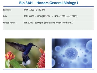 Bio 3AH – Honors General Biology I
Lecture T/Th 1300 - 1420 pm
Lab T/Th 0900 – 1150 (17320) or 1430 - 1720 pm (17325)
Office Hours TTh 1200 - 1300 pm (and online when I’m there…)
 