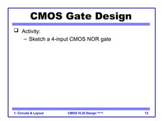 CMOS VLSI Design 4th Ed.
1: Circuits & Layout 13
CMOS Gate Design
 Activity:
– Sketch a 4-input CMOS NOR gate
A
B
C
D
Y
 