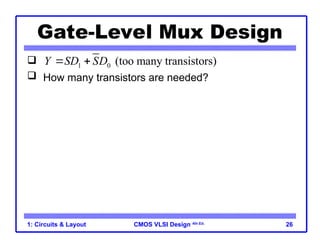 CMOS VLSI Design 4th Ed.
1: Circuits & Layout 26
Gate-Level Mux Design

 How many transistors are needed? 20
1 0 (too many transistors)
Y SD SD
 
4
4
D1
D0
S Y
4
2
2
2 Y
2
D1
D0
S
 