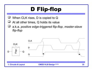 CMOS VLSI Design 4th Ed.
1: Circuits & Layout 33
D Flip-flop
 When CLK rises, D is copied to Q
 At all other times, Q holds its value
 a.k.a. positive edge-triggered flip-flop, master-slave
flip-flop
Flop
CLK
D Q
D
CLK
Q
 