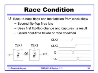 CMOS VLSI Design 4th Ed.
1: Circuits & Layout 36
Race Condition
 Back-to-back flops can malfunction from clock skew
– Second flip-flop fires late
– Sees first flip-flop change and captures its result
– Called hold-time failure or race condition
CLK1
D
Q1
Flop
Flop
CLK2
Q2
CLK1
CLK2
Q1
Q2
 