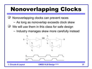 CMOS VLSI Design 4th Ed.
1: Circuits & Layout 37
Nonoverlapping Clocks
 Nonoverlapping clocks can prevent races
– As long as nonoverlap exceeds clock skew
 We will use them in this class for safe design
– Industry manages skew more carefully instead
1
1
1
1
2
2
2
2
2
1
QM
Q
D
 