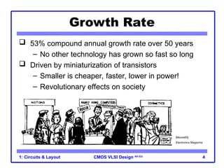 CMOS VLSI Design 4th Ed.
1: Circuits & Layout 4
Growth Rate
 53% compound annual growth rate over 50 years
– No other technology has grown so fast so long
 Driven by miniaturization of transistors
– Smaller is cheaper, faster, lower in power!
– Revolutionary effects on society
[Moore65]
Electronics Magazine
 